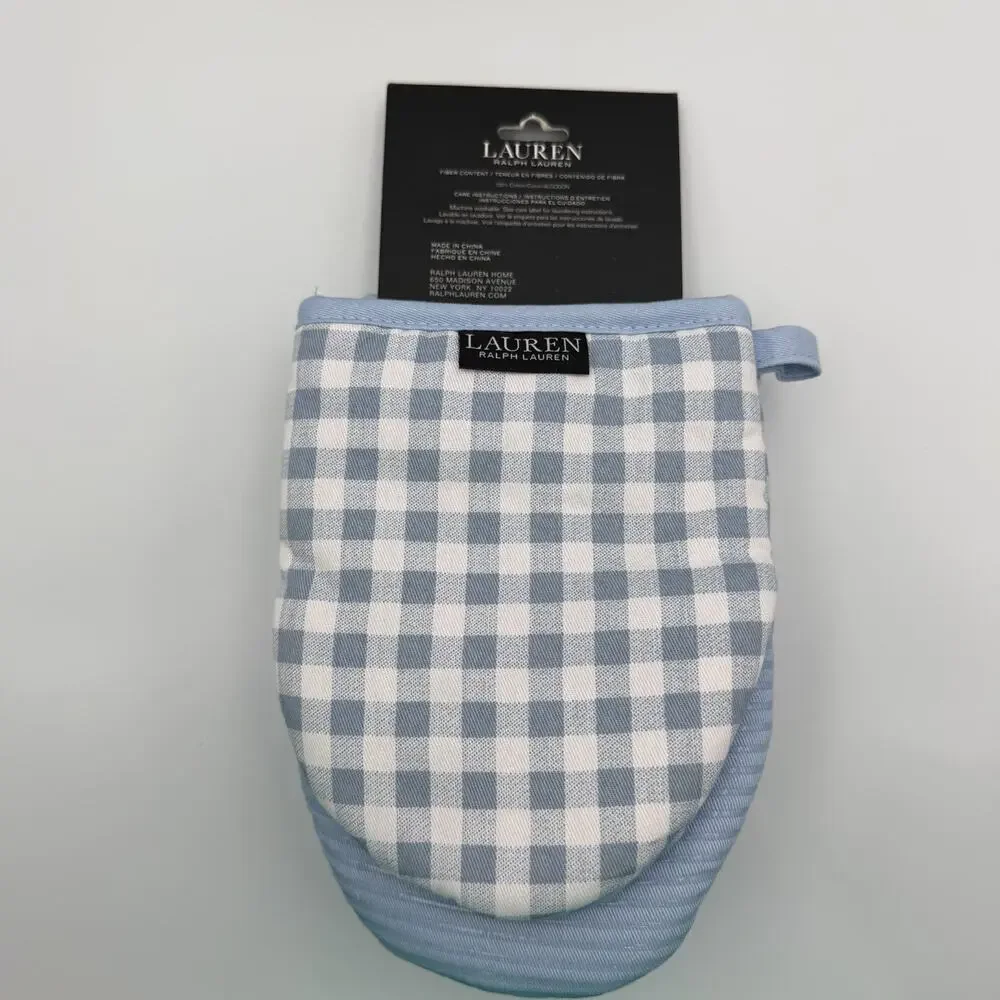 Lauren Ralph Lauren Set of 2 Mini Mitts Oven Mitt Light Blue White Gingham NWT